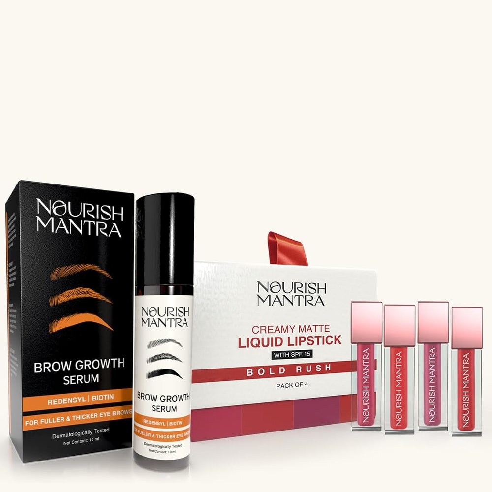 Nourish Mantra Eyebrow Growth Serum 10 ml & Matte Liquid Lipstick with SPF Set of 4 Combo