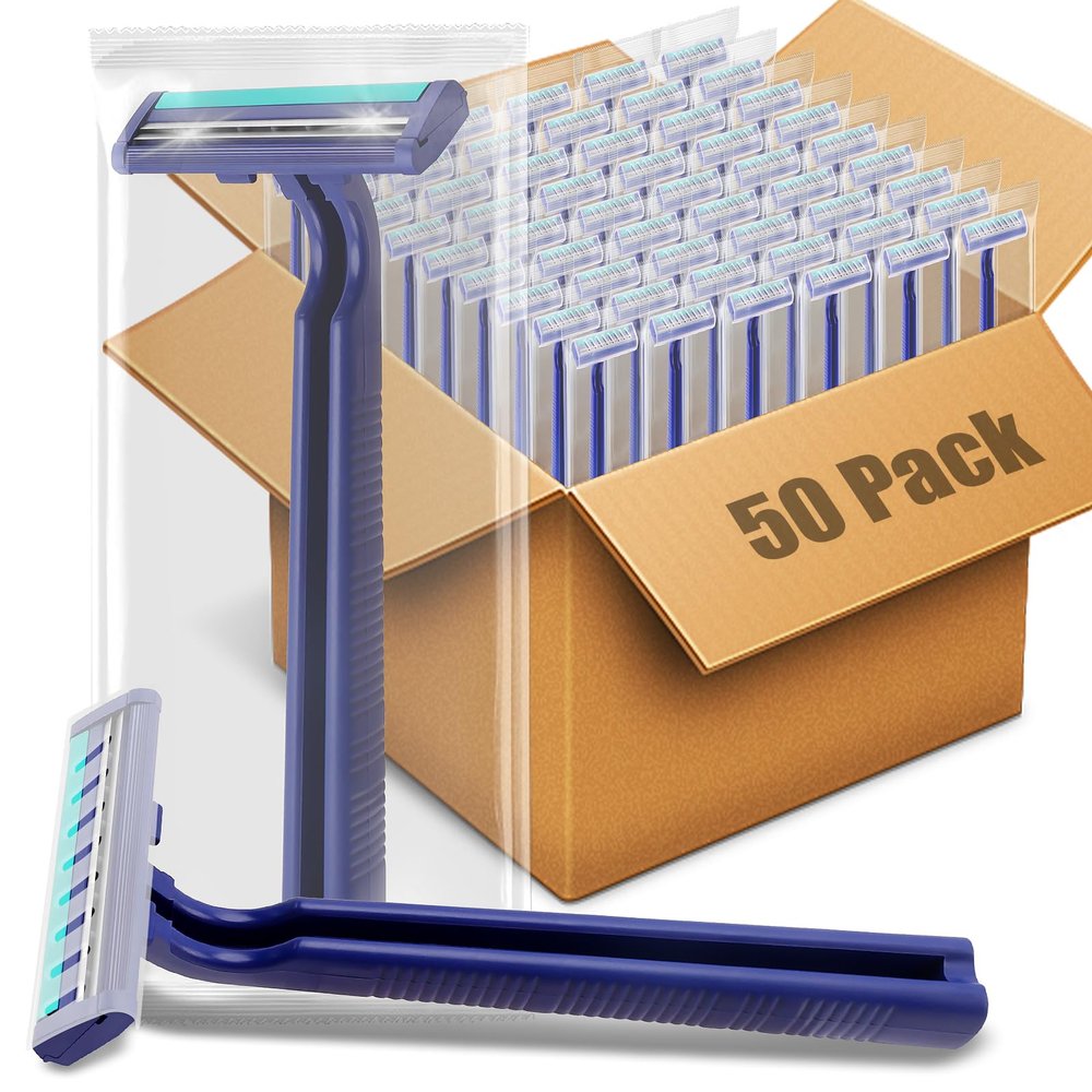 MAGDIY Disposable Razors Bulk for Men 50 Pack, Homeless Supplies Bulk, Twin Blade Mens Travel Supply Razor for Shaving, Safety Beard Shavers for Camping Bathing Hotel (Blue)