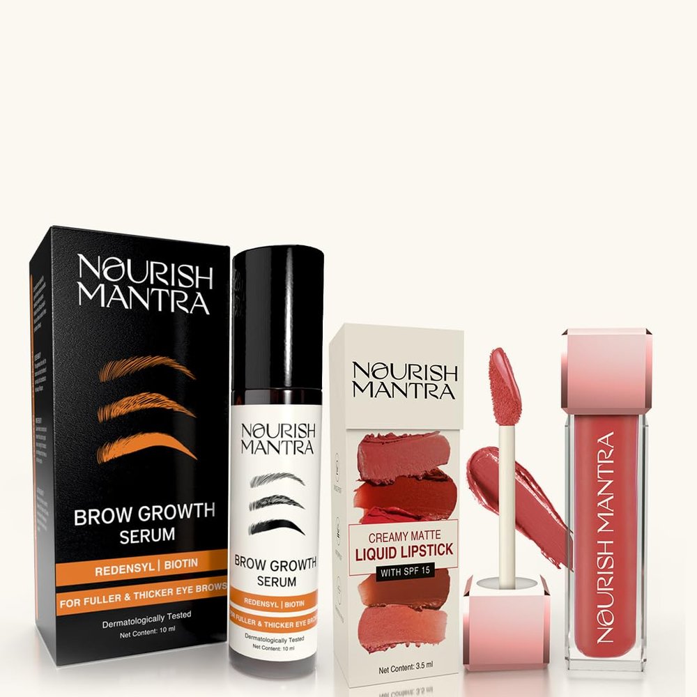 Nourish Mantra Eyebrow Growth Serum 10 ml & Waterproof Creamy Matte Liquid Lipstick with SPF 3.5 ml Combo