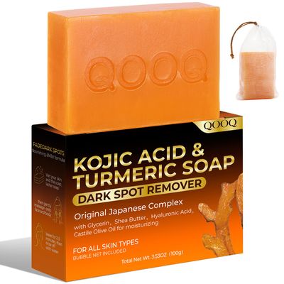 QOOQ Turmeric Kojic Acid Soap for Dark Spots Remover  Facial Cleansing Bar with Vitamin C, Retinol, Collagen, Vitamin E, Glycerin, Shea Butter & Castile Olive Oil  Soap for Women & Men (100g)