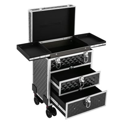 CRYBY Rolling Makeup Case, 3-Tier Makeup Travel Case Makeup Storage Organizer with 2 Sliding Drawers & 4 Universal Wheels, 66lbs Capacity Makeup Trolley Professional Salon Barber Case Cosmetology Case