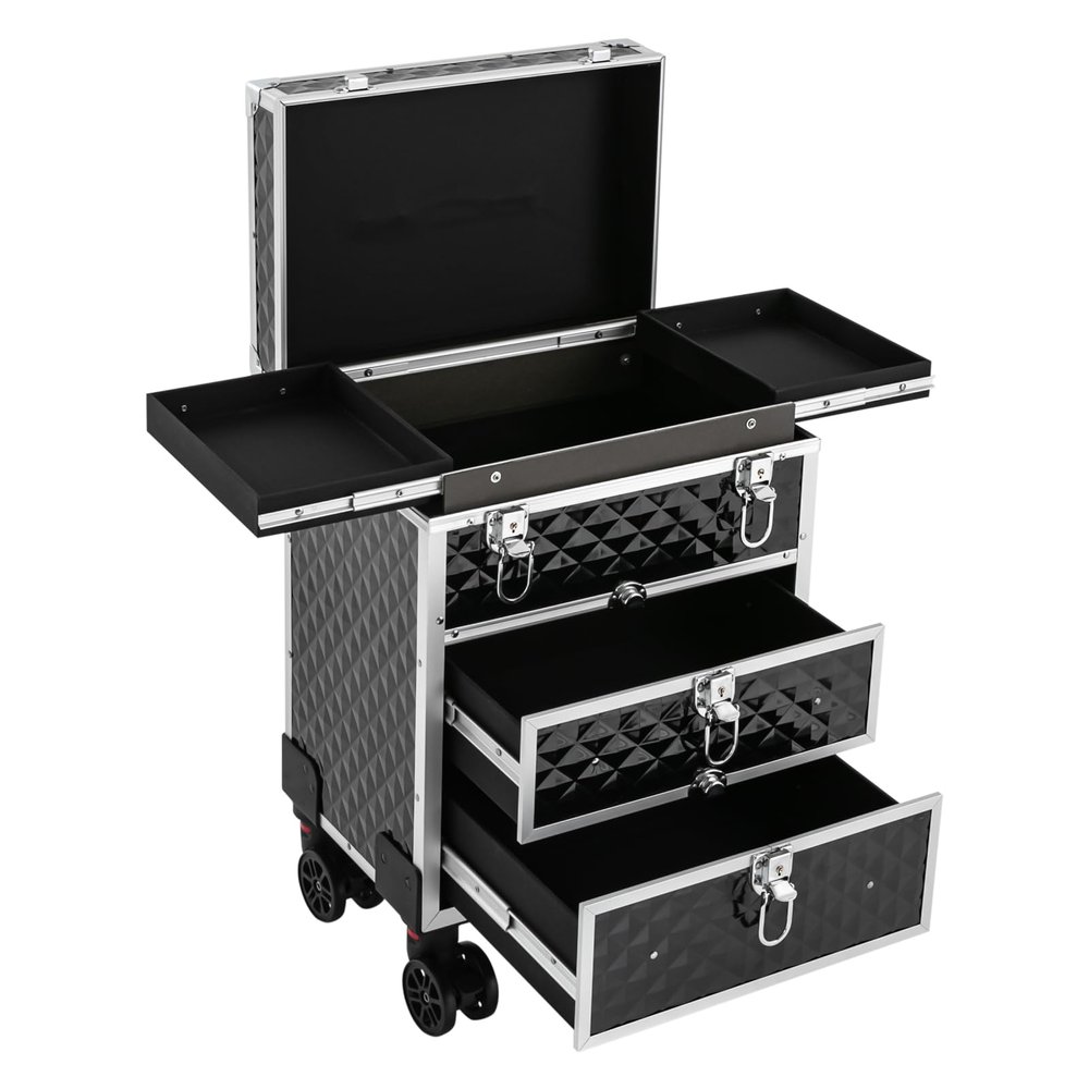 CRYBY Rolling Makeup Case, 3-Tier Makeup Travel Case Makeup Storage Organizer with 2 Sliding Drawers & 4 Universal Wheels, 66lbs Capacity Makeup Trolley Professional Salon Barber Case Cosmetology Case