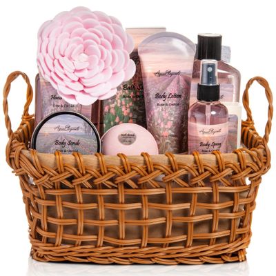 Spa Baskets For Women - Luxury Bath Set With Rose Oil & Orchid - Spa Kit Includes Wash, Bubble Bath, Lotion, Bath Salts, Body Scrub, Bath Spray, Shower Puff, Bathbombs, Soap and Towel