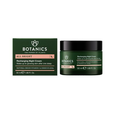 Botanics All Bright Recharging Night Cream - Vitamin C Face Moisturizer with Hibiscus AHA for Glowing Skin - Hydrating & Smoothing - Vegan & Cruelty-Free Face Cream for Women & Men (1.69 Fl Oz)