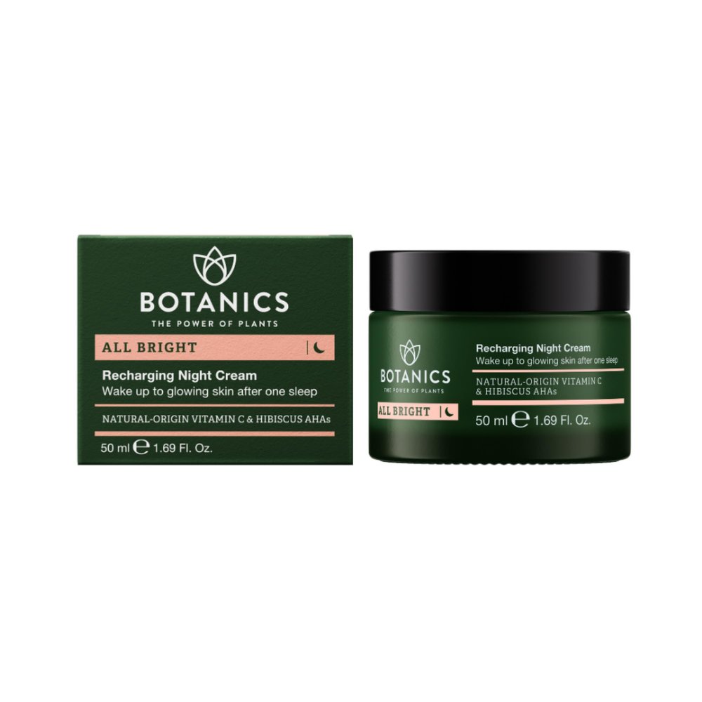 Botanics All Bright Recharging Night Cream - Vitamin C Face Moisturizer with Hibiscus AHA for Glowing Skin - Hydrating & Smoothing - Vegan & Cruelty-Free Face Cream for Women & Men (1.69 Fl Oz)