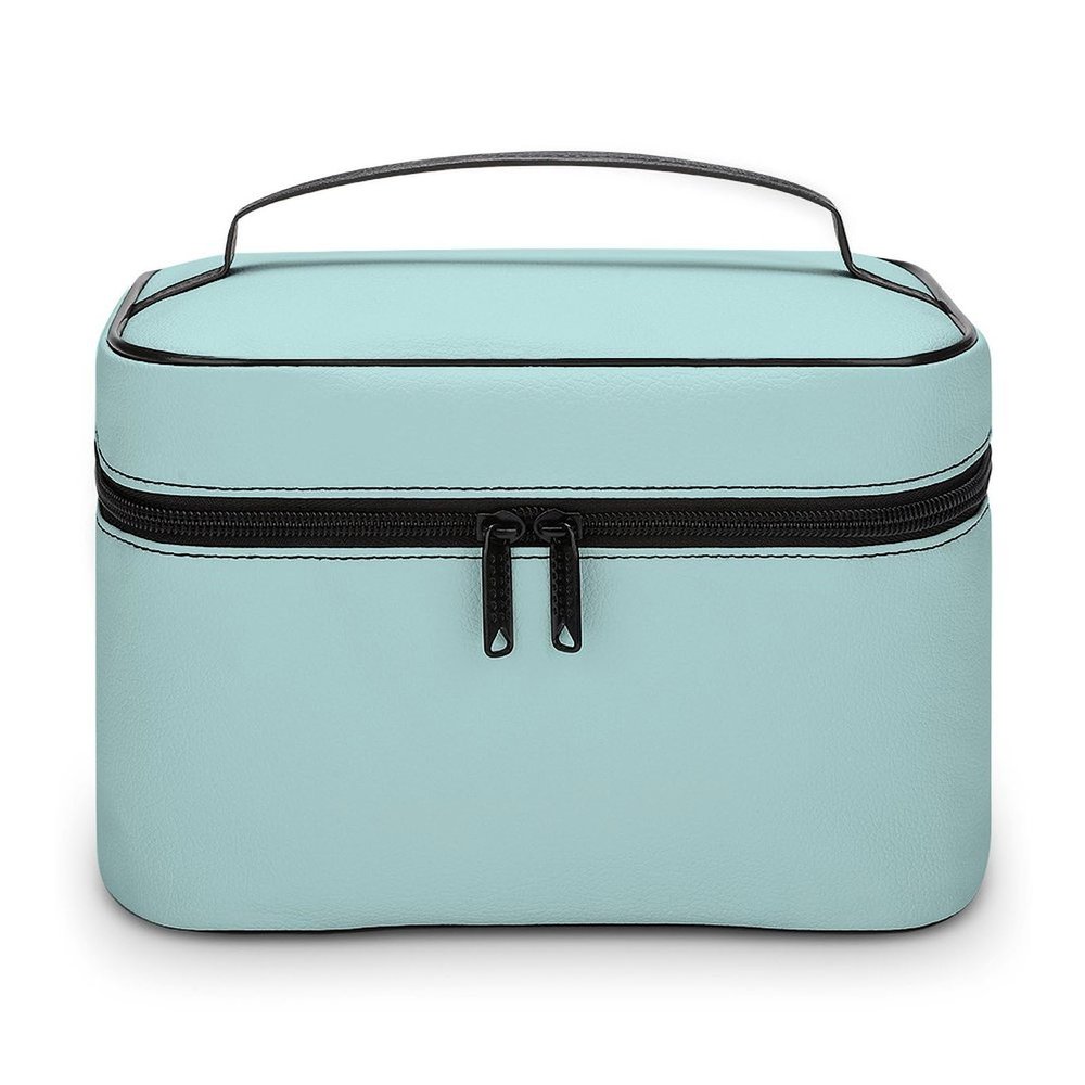 Leather Cosmetic Case, Light Teal Aqua Solid Color Portable Makeup Bag Organizer Large Capacity Travel Toiletry Bag with Zipper
