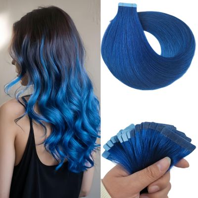 Blue Tape in Hair Extensions Human Hair 18 Inch Invisible Colorful Tape in Human Hair Extensions for Party