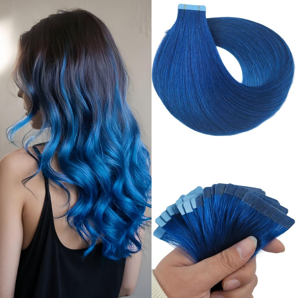 Blue Tape in Hair Extensions Human Hair 18 Inch Invisible Colorful Tape in Human Hair Extensions for Party