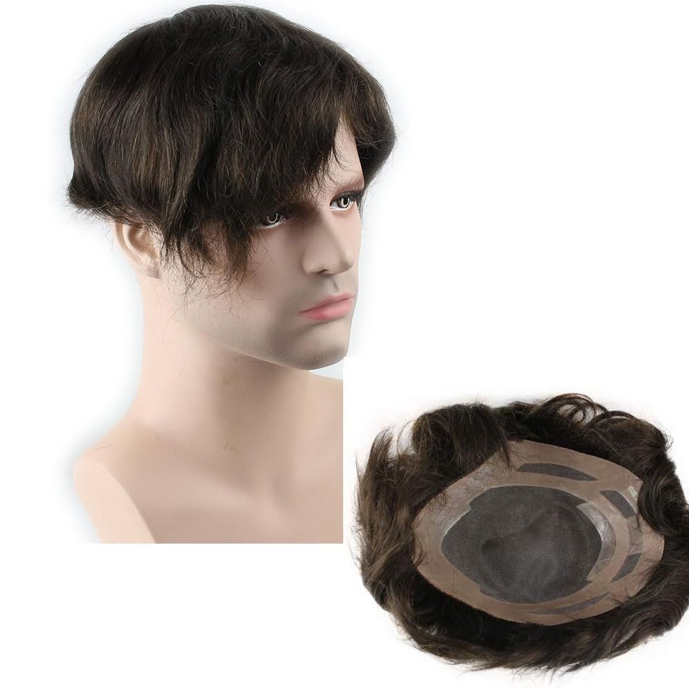 Men's Toupee 108 inch Real Human Hair Thin Skin Hairpiece Hair Replacement System Mono Net with PU around Base for Men (#4 color)