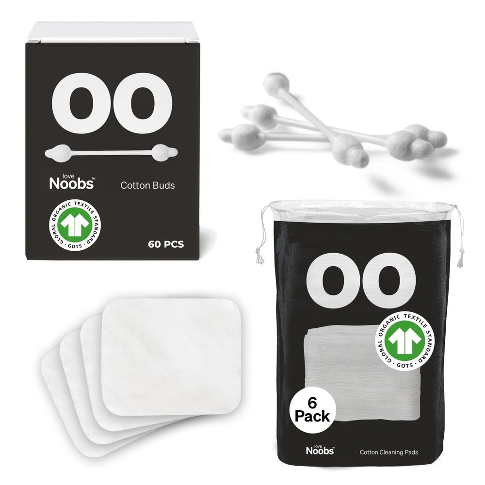 100% Organic Certified Cotton Care Bundle by LoveNoobs, 360 pcs Extra Large Baby Cotton Pads + 240 pcs Baby Cotton Swabs,