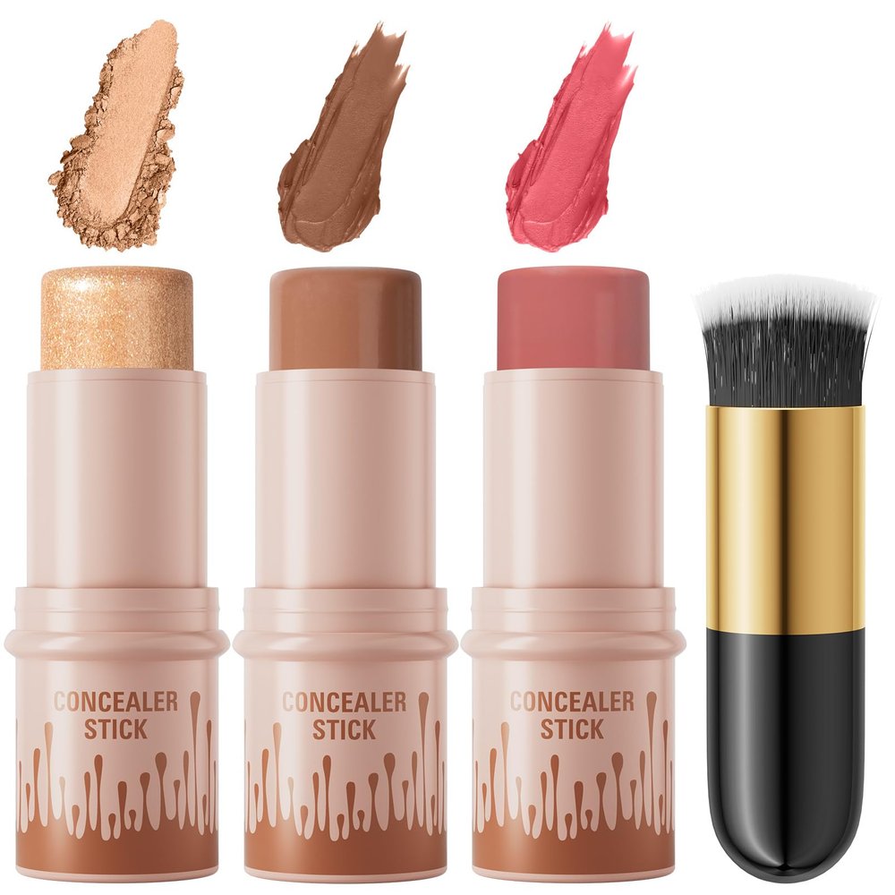 3Pcs Cream Contour Sticks Kit, Highlighter Stick Blush Stick Cream Contour Kit Makeup Set with Brush,Face Brightens & Shades Contour Stick Waterproof for Women