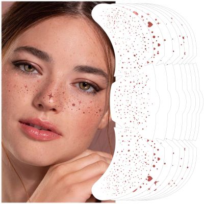 8 Count Rose Gold Glitter Freckles Face Tattoo, Mix of Spots, Hearts, Speckles, Stars, Dots, Waterproof Sparkle Freckles Makeup Patches, Festival Party Supplies for Girls, Rave Accessories for Women