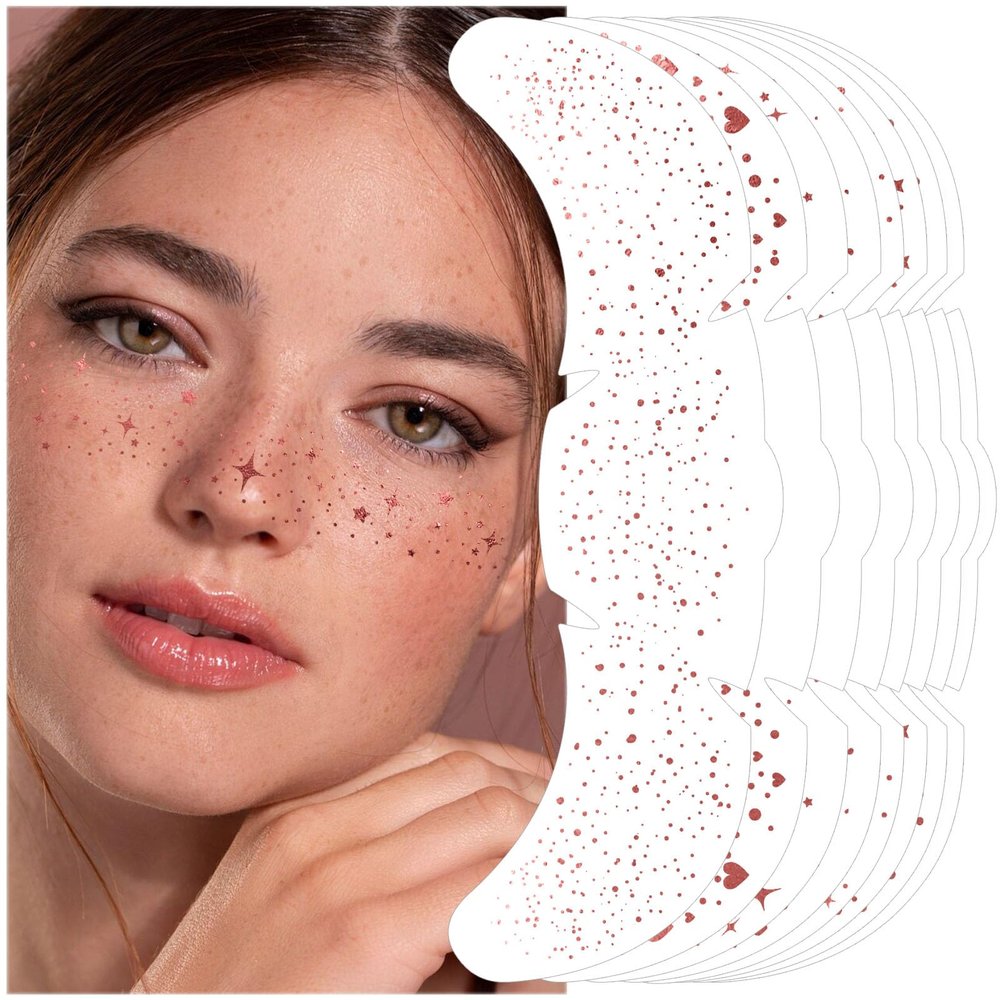 8 Count Rose Gold Glitter Freckles Face Tattoo, Mix of Spots, Hearts, Speckles, Stars, Dots, Waterproof Sparkle Freckles Makeup Patches, Festival Party Supplies for Girls, Rave Accessories for Women