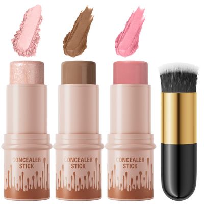 3Pcs Cream Contour Sticks Kit, Highlighter Stick Blush Stick Cream Contour Kit Makeup Set with Brush,Face Brightens & Shades Contour Stick Waterproof for Women Girls