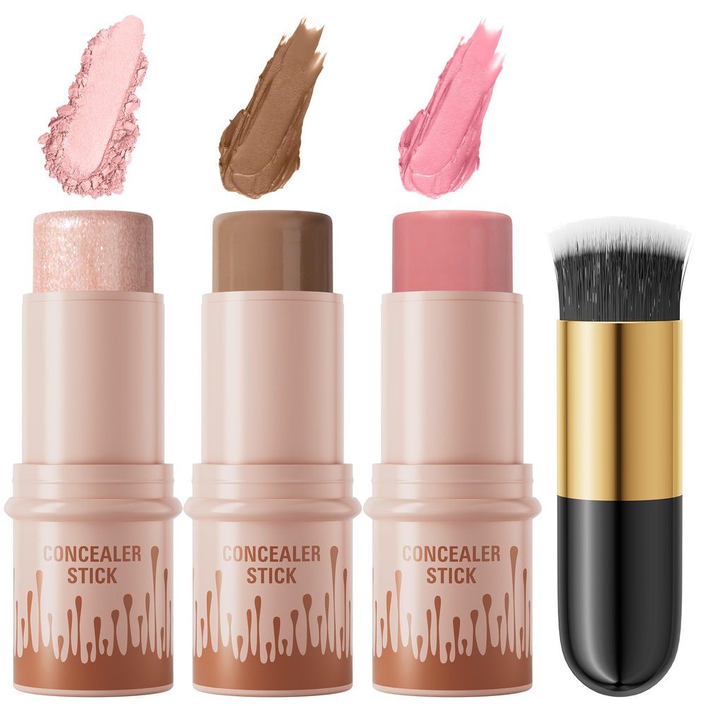 3Pcs Cream Contour Sticks Kit, Highlighter Stick Blush Stick Cream Contour Kit Makeup Set with Brush,Face Brightens & Shades Contour Stick Waterproof for Women Girls