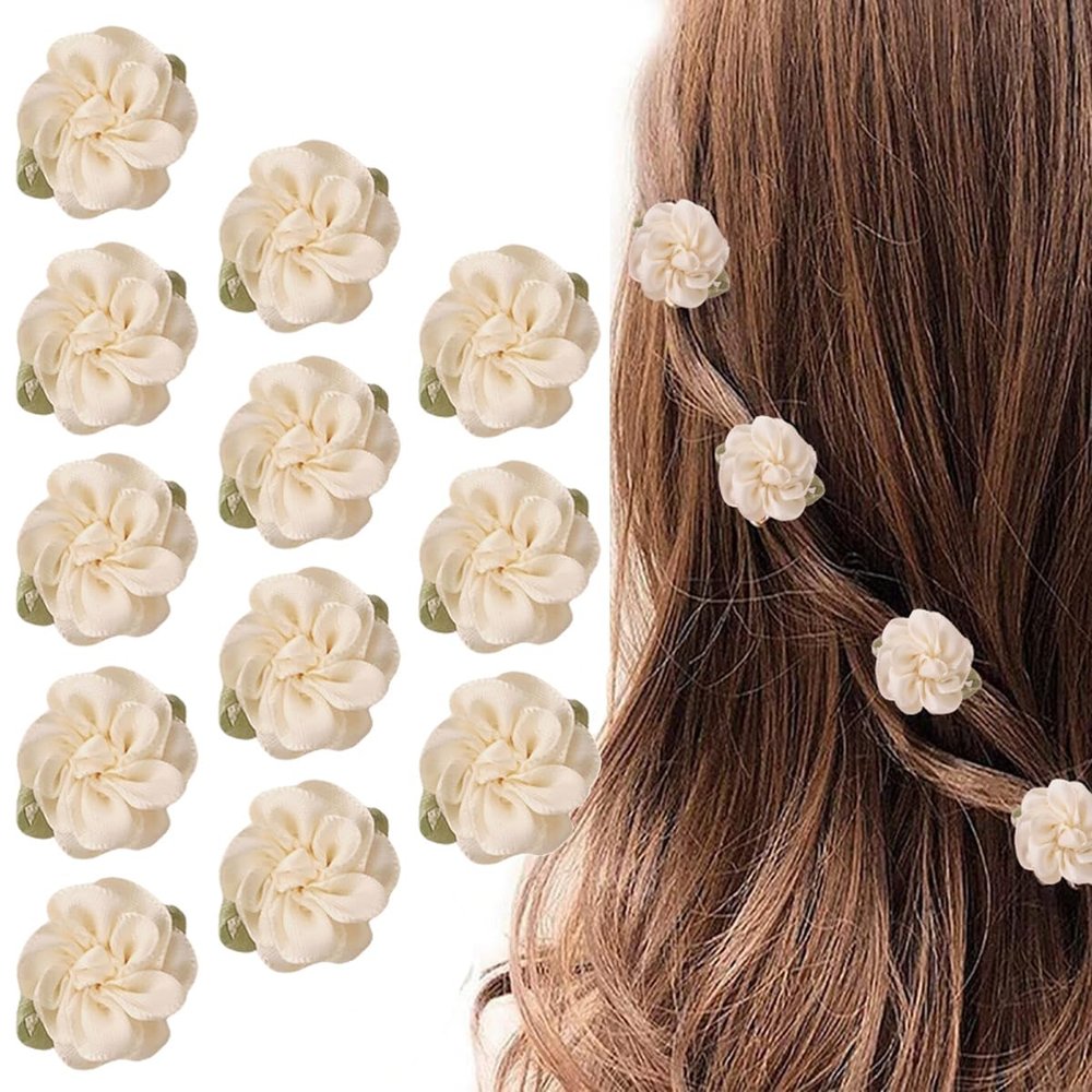 12 Pcs Beige Mini Rose Hair Clip Jasmine Flower Hair Clip Hair Barrettes Headpiece Vintage Hair Pins for Party Wedding Daily