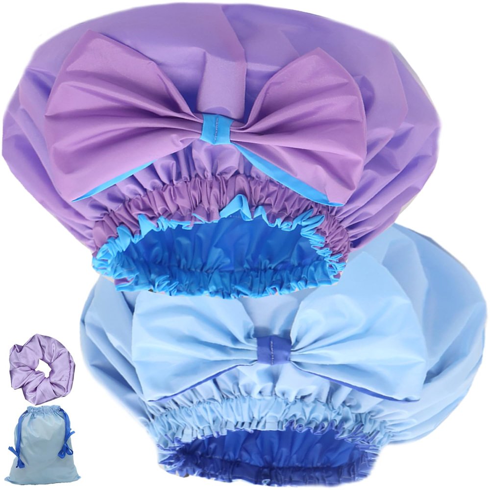 2PCS Genergy Jumbo XL Shower Cap Reusable and Waterproof Shower Cap for Women, Super Extra Large for Thick, Long, Big Hair, Dual and Adjustable, Washable Bath Hat with Braids or Dreadlocks