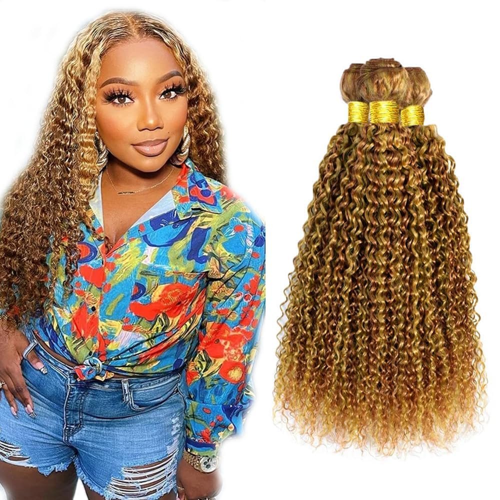 Peenoll Human Hair Bundles 24 26 28 Inch Honey Blonde P27/30 Deep Wave Bundles Human Hair 100% Unprocessed Soft Sewn In Hair for Black Women with Double Weft