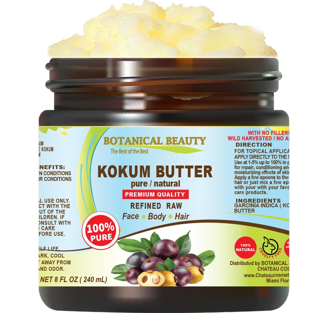 Botanical Beauty KOKUM BUTTER 100% Pure Natural REFINED Cold-Pressed for Face, Skin, Body, Hair, Lip, Nails. Rich in Vitamin E. Beauty Moisturizing Nourishing Butter Rich in Vitamin E (8 Fl Oz)