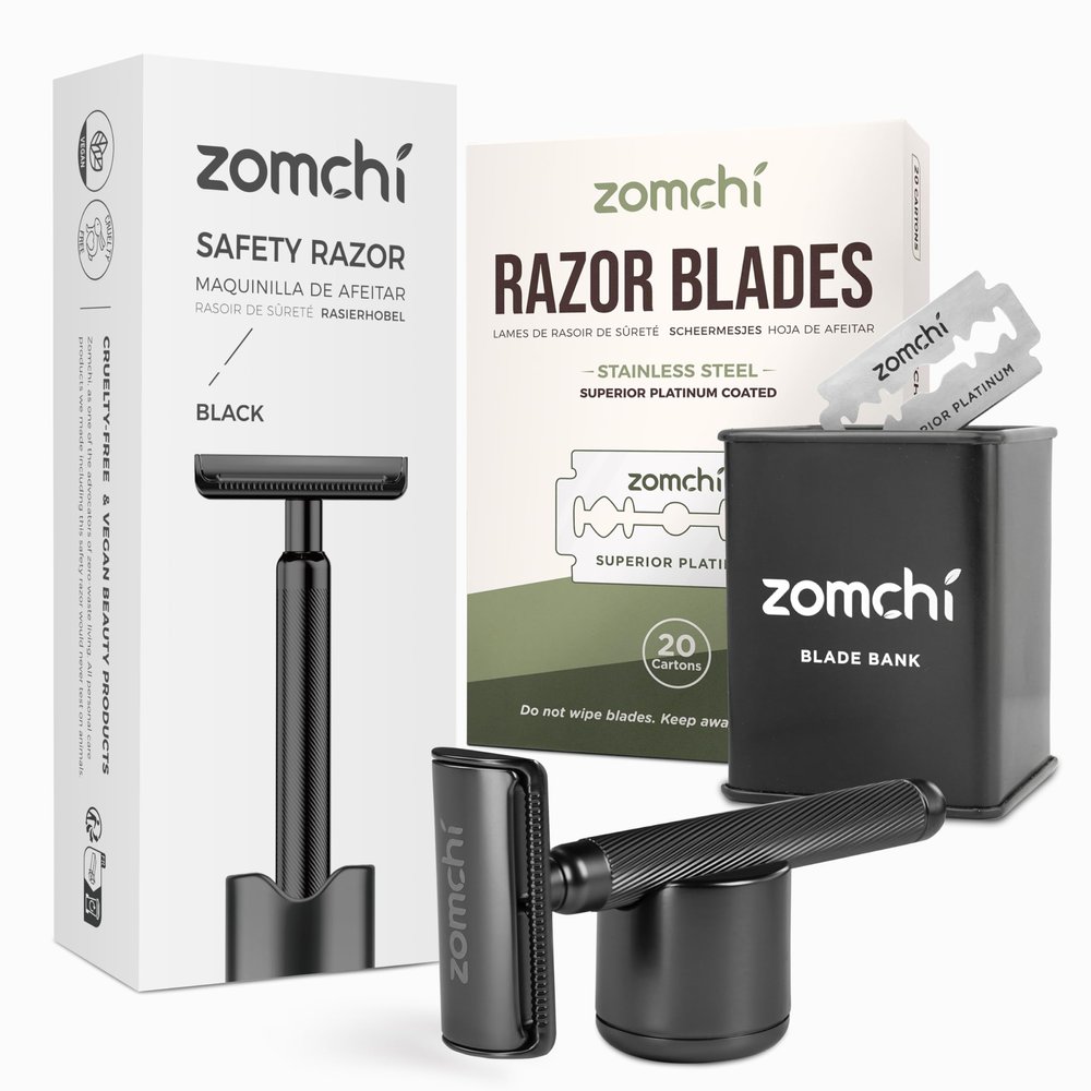 Double Edge Safety Razor with Razor Stand with 100 Counts Safety Razor Blades for Shaving and Razor Blade Bank