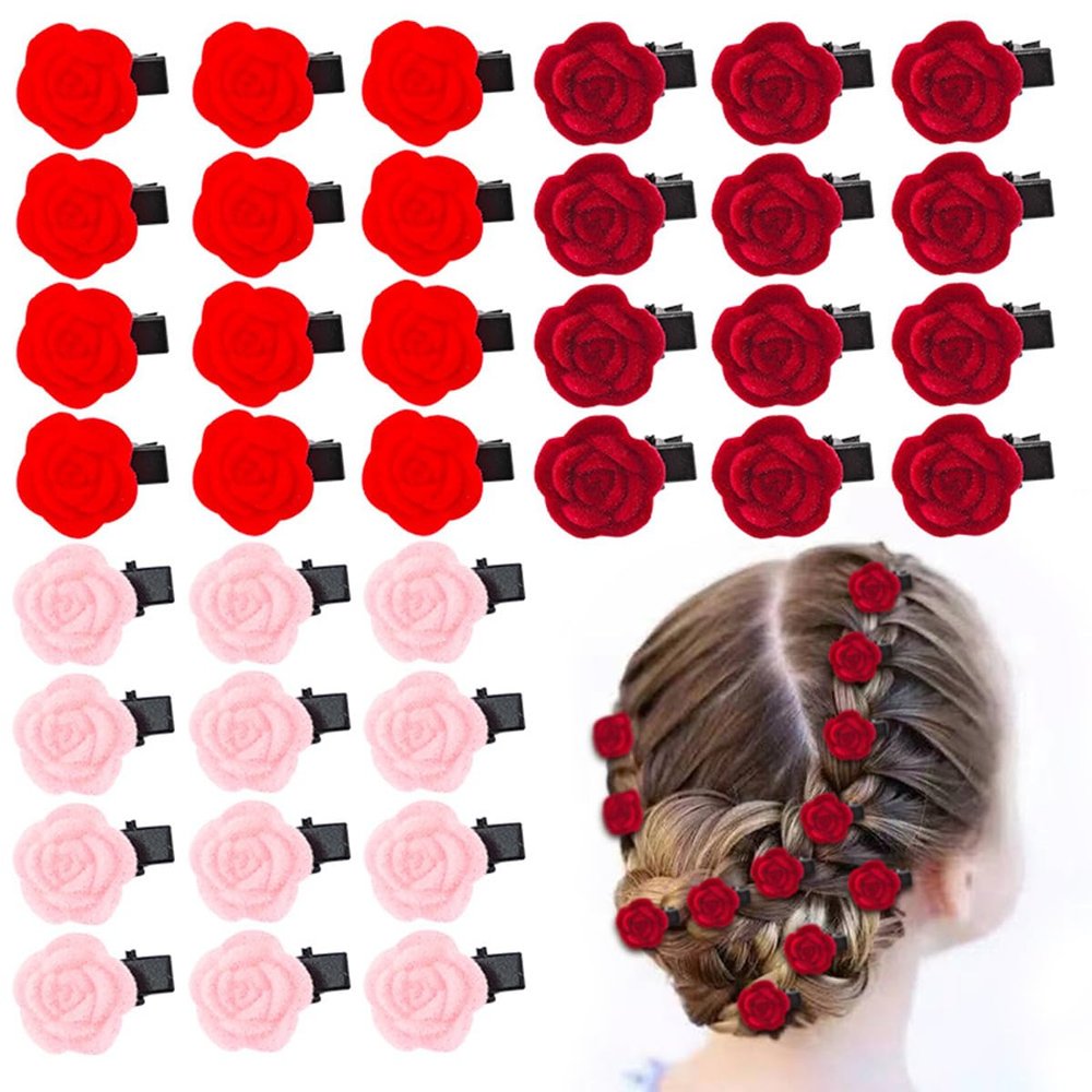 12Pcs Small Red Rose Flower Hair Clips Tiny Mini Hair Clips Cute Decorative Hair Clips Wedding Halloween Hair Accessories Women Valentine's Day Chirstmas Gift (rose)