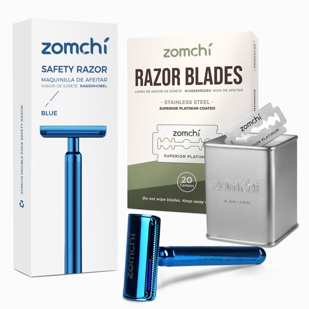 Double Edge Safety Razor with 100 Counts Safety Razor Blades for Shaving and Razor Blade Bank