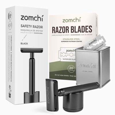 Double Edge Safety Razor with Razor Stand with 100 Counts Safety Razor Blades for Shaving and Razor Blade Bank