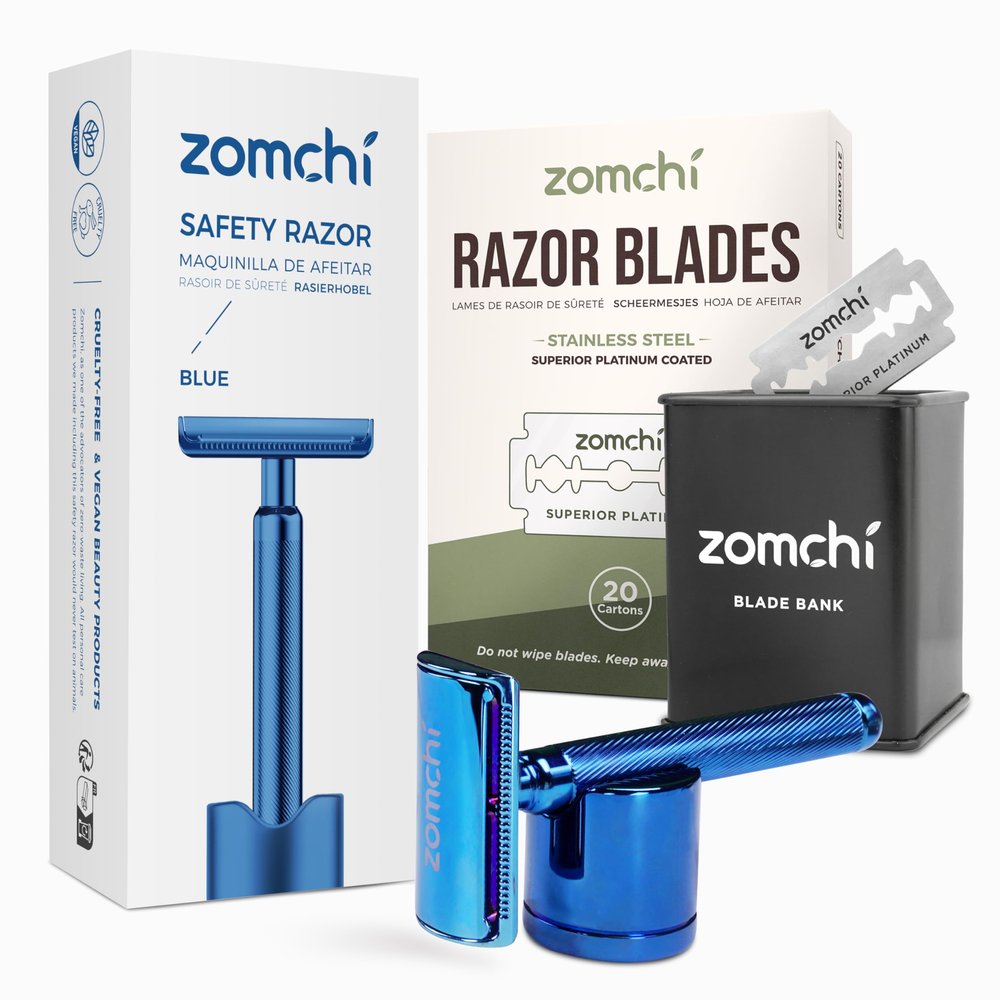 Double Edge Safety Razor with Razor Stand with 100 Counts Safety Razor Blades for Shaving and Razor Blade Bank