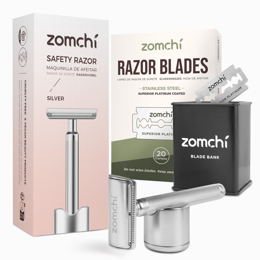 Double Edge Safety Razor with Razor Stand with 100 Counts Safety Razor Blades for Shaving and Razor Blade Bank