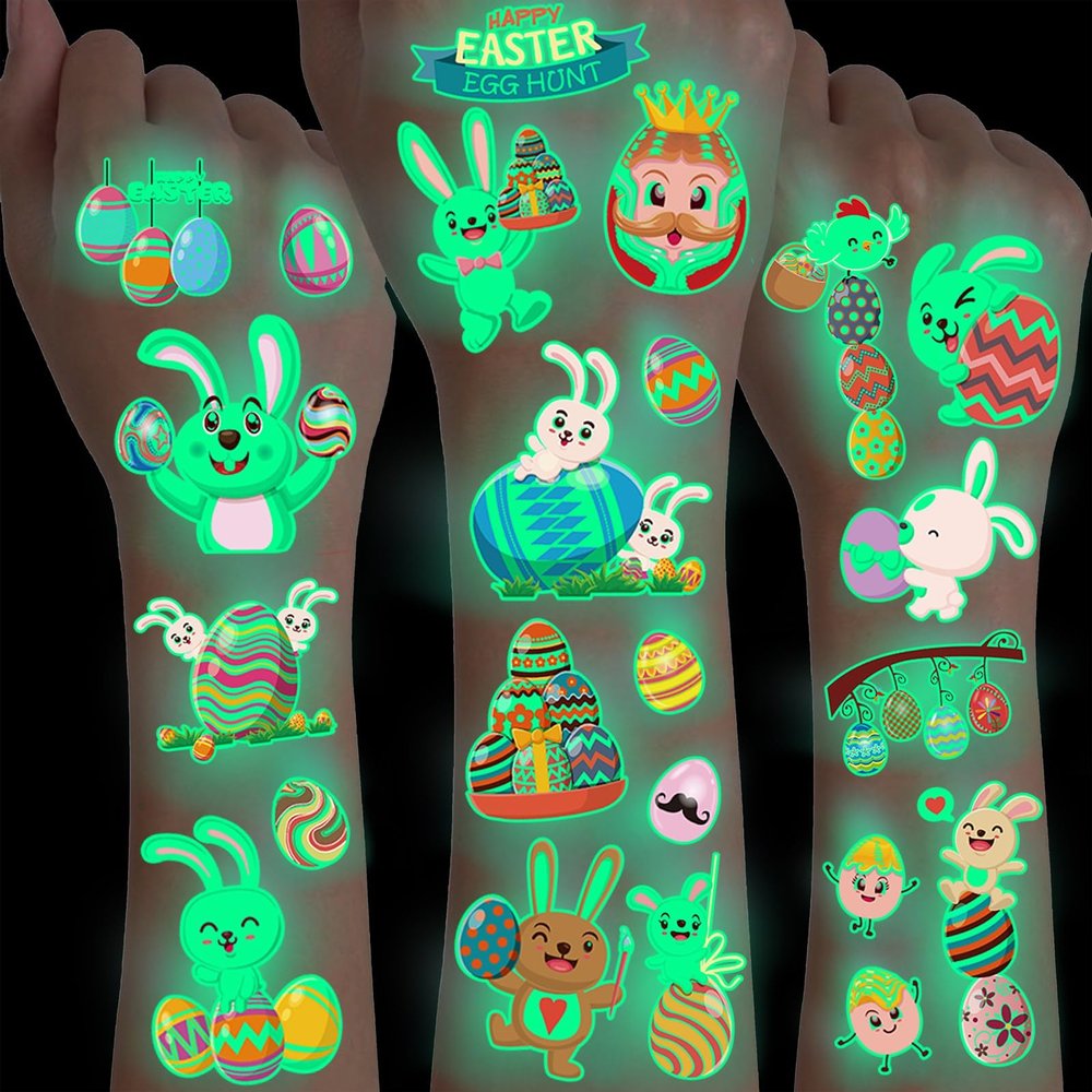 10 Sheets 110 PCS Luminous Easter Tattoos For Kids Rabbit Bunny Eggs Temporary Tattoos Easter Party Decoration Supplies, Glow In The Dark Fake Tattoo Stickers Easter Basket Stuffers Goodie Bag Fillers