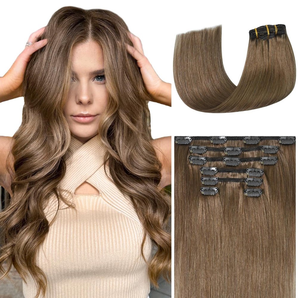 Ukira Ash Brown Hair Extensions Real Human Hair, 75g 22 Inch 7pcs #8 Ash Brown Clip in Hair Extensions, Soft Natural Straight Remy Human Hair Clip in Extensions for Women