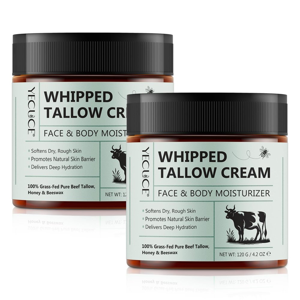 2 Pack Beef Tallow for Skin, Tallow and Honey Balm, All Natural Moisturizer Hydrates and Nourishes the Skin, Deeply Moisturizing for Face & Body, Organic Grass Fed Whipped Beef Tallow & Honey Beeswax
