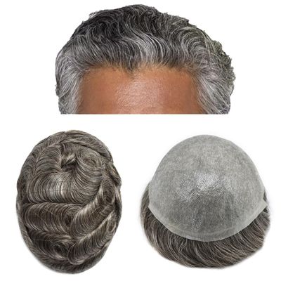 Toupee for men Toupee Human Hair Piece Mens Hair Replacement System 0.04mm Invisible Ultra Thin Skin Mens Hairpieces Wigs 7"x9"Man Hair Unit Wigs for men #360 Dark Brown+60% Gray-90% Light Density