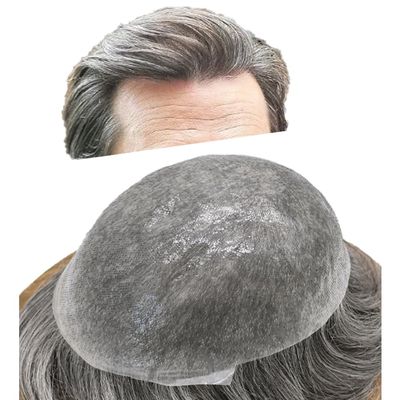 Toupee for men Toupee Human Hair Piece Mens Hair Replacement System 0.04mm Invisible Ultra Thin Skin Mens Hairpieces Wigs 7"x9"Man Hair Unit Wigs for men #370 Dark Brown+70%Gray-100%Light to Med-Light