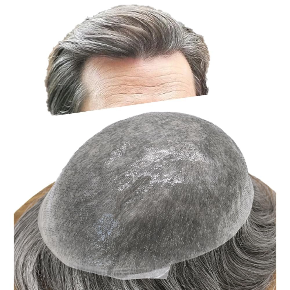 Toupee for men Toupee Human Hair Piece Mens Hair Replacement System 0.04mm Invisible Ultra Thin Skin Mens Hairpieces Wigs 7"x9"Man Hair Unit Wigs for men #370 Dark Brown+70%Gray-100%Light to Med-Light