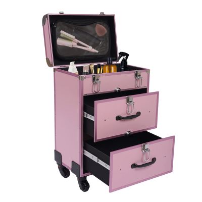 njxbrek Makeup Train Case, Professional Rolling Makeup Case with Wheels, 2 Drawers Portable Travel Makeup Case for Hairdressers, Makeup Artists (Pink)