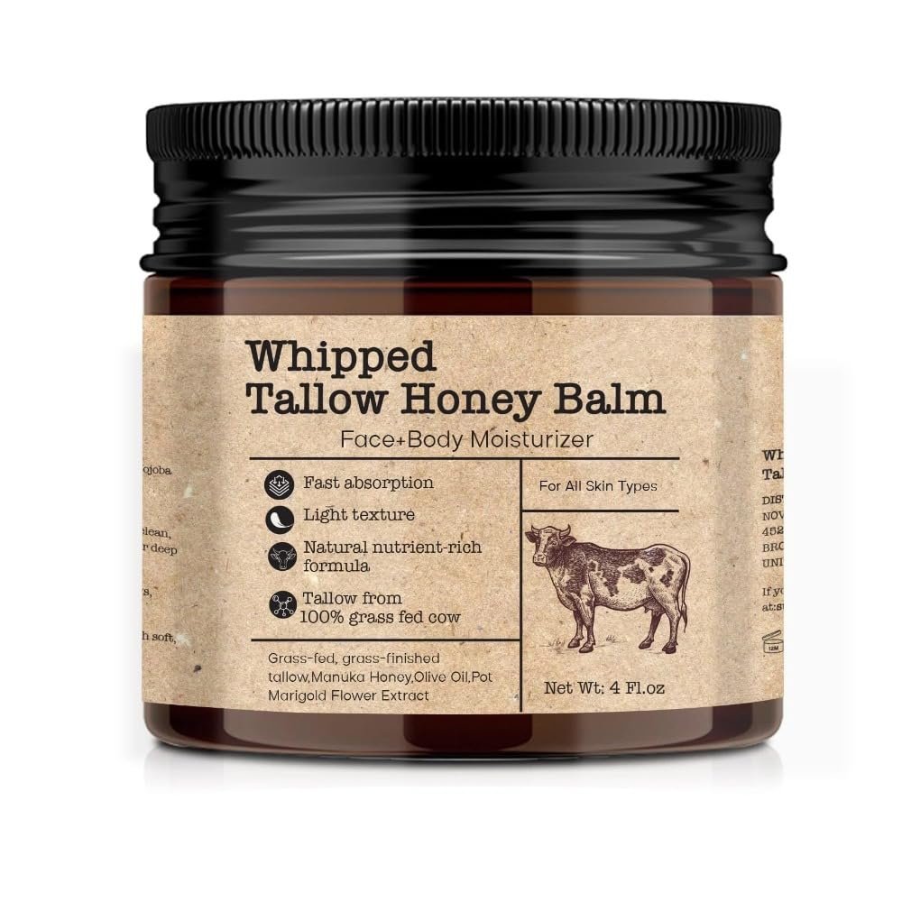 GAHQB Whipped Beef Tallow Honey Balm for Skin : Grass-Fed Beef Tallow Moisturizer For Face and Body, Tallow Cream with Manuka Honey Beeswax Olive Oil, 4 oz