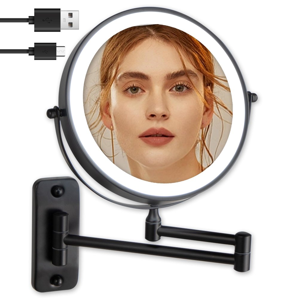 Wall Mounted Makeup Mirror, 1X/10X Magnifying, 360 Rotation, 3 Color LED Lighting, Touch Screen Dimming, Extended Arm, Black Bathroom Mirror