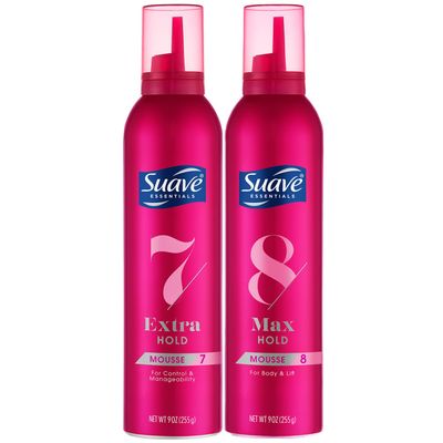 Suave Hair Mousse for Curly, Wavy & Fine Hair, Variety 2-Pack  Extra Hold 7 Shaping + Max Hold 8 Volumizing Mousse, Scented, 9 Oz Ea