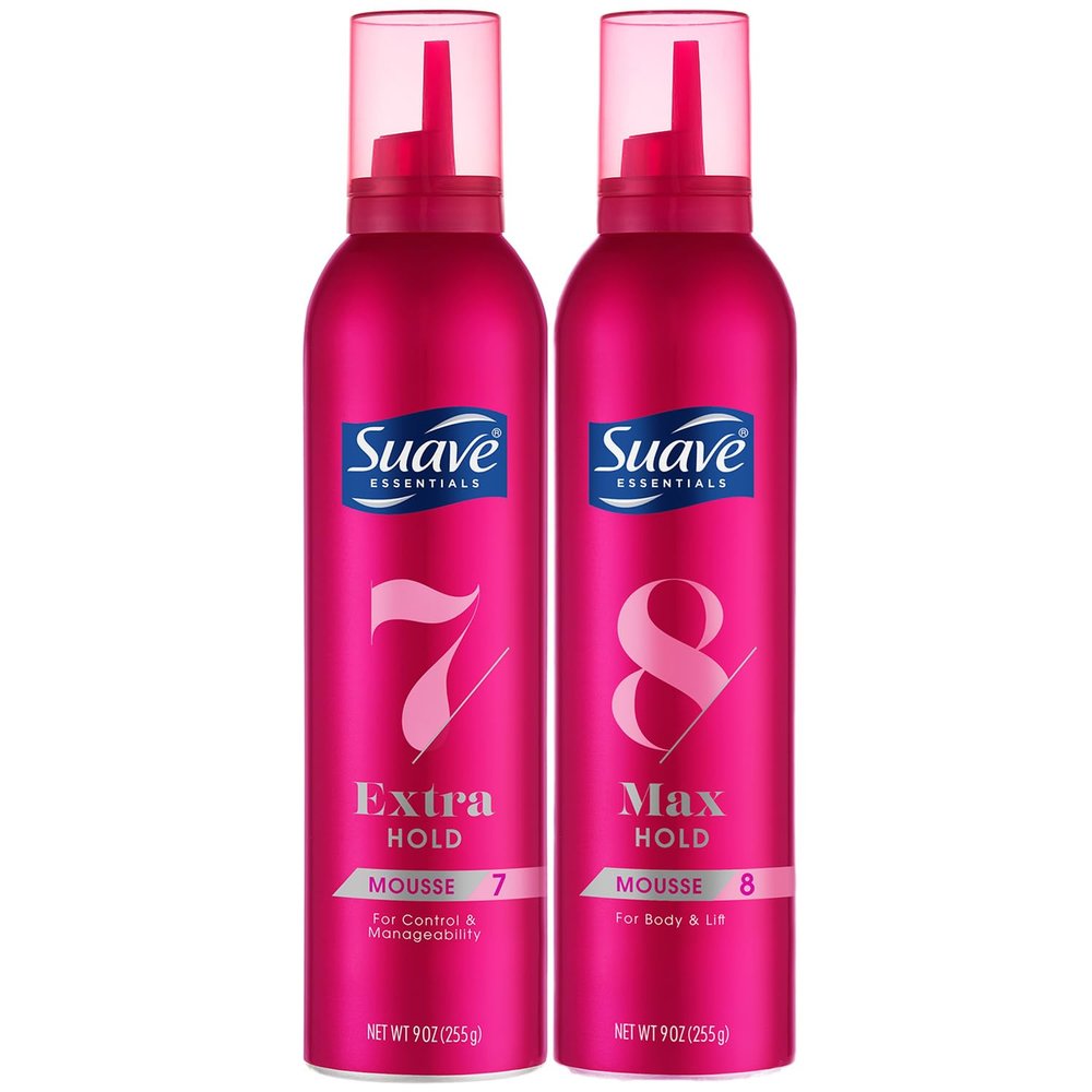 Suave Hair Mousse for Curly, Wavy & Fine Hair, Variety 2-Pack  Extra Hold 7 Shaping + Max Hold 8 Volumizing Mousse, Scented, 9 Oz Ea