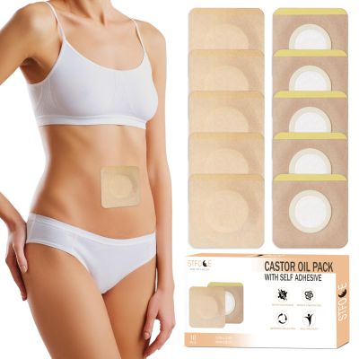STFOCE 10pcs Castor Oil Pack Wrap, Disposable Castor Oil Pack for Belly Button, Organic Cotton Pad Self-Adhesive, Highly Absorbent, No Leakage, No Wash, Portable(Khaki)