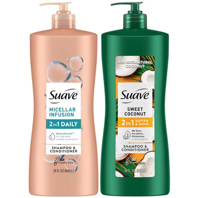 Suave Shampoo and Conditioner 2-in-1 Variety 2-Pack  Micellar Infusion & Sweet Coconut for All Hair Types, 28 Oz Ea