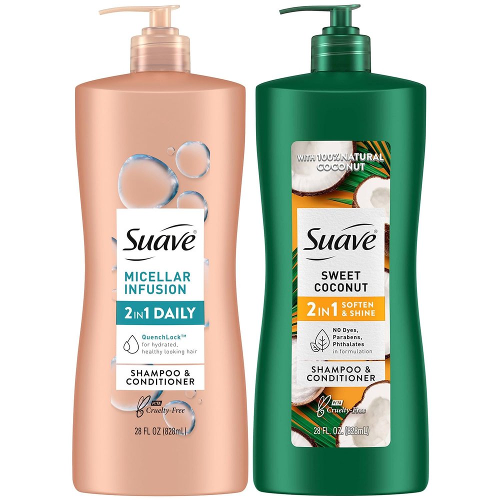 Suave Shampoo and Conditioner 2-in-1 Variety 2-Pack  Micellar Infusion & Sweet Coconut for All Hair Types, 28 Oz Ea