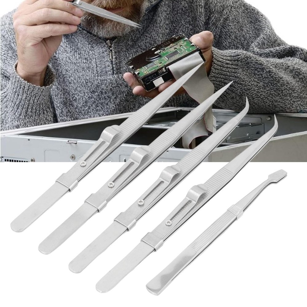 5Pcs Stainless Steel Tweezers, Stainless Steel Anti Static Curved Straight Flat Tweezer Set for Electronics Jewelry Making Crafts Model Building Soldering
