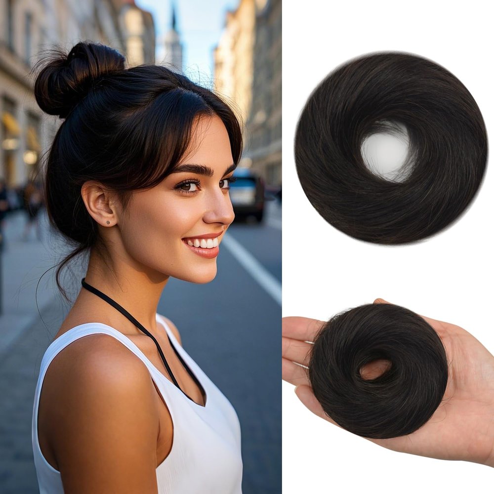 Human Hair Bun Messy Bun Hair Piece 100% Real Human Hair Natural Wavy Scrunchies Hair Bun Hairpiece with Elastic Rubber Band for Women Bun Extensions (#1B Natural Black)