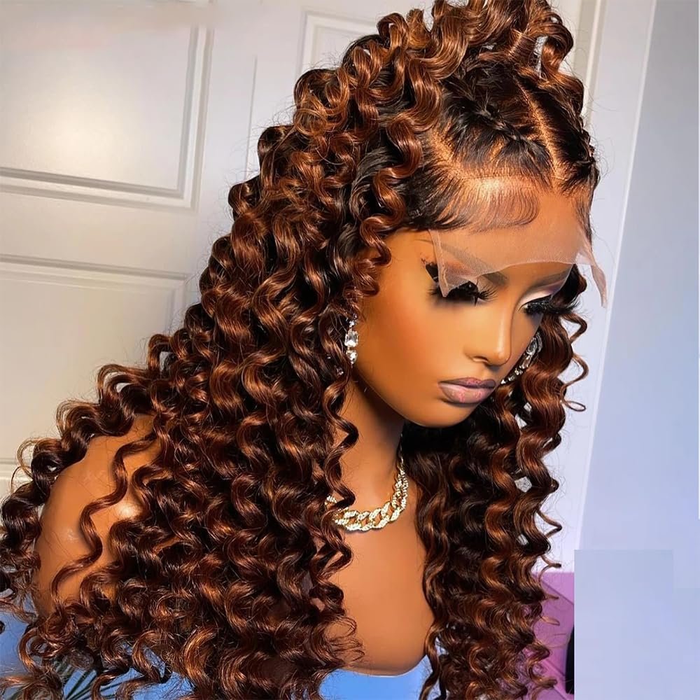 Bouncy Egg Curls Highlight Reddish Brown Color Human Hair Wigs Natural Hairline Invisible HD 13x4 Lace Front Wigs With Baby Hair 150% Density Remy Brazilian Hair Glueless Wig For Women 18 Inch