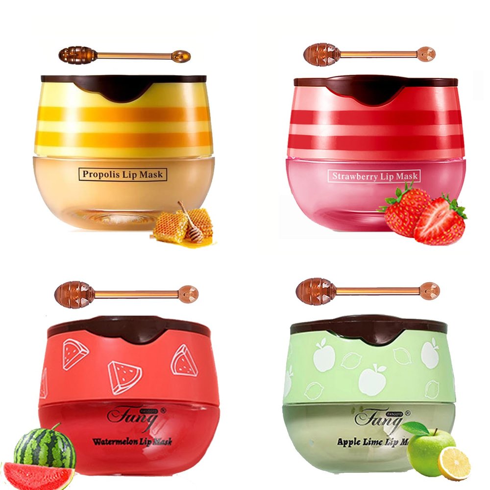4 PCS Bee Lip Balm Honey Pot,Lip Mask Propolis Moisturizing,Prevention Dry and Cracked Lip Scrubs Exfoliator Lip Wrinkle Skin Care Products (Honey & Strawberry & Watermelon & Apple Lime)