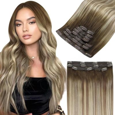 Full Shine Brown Ombre Light Blonde Mix Light Brown Remy Hair Seamless clip ins 22 Inch & Lace Clip ins 20 Inch