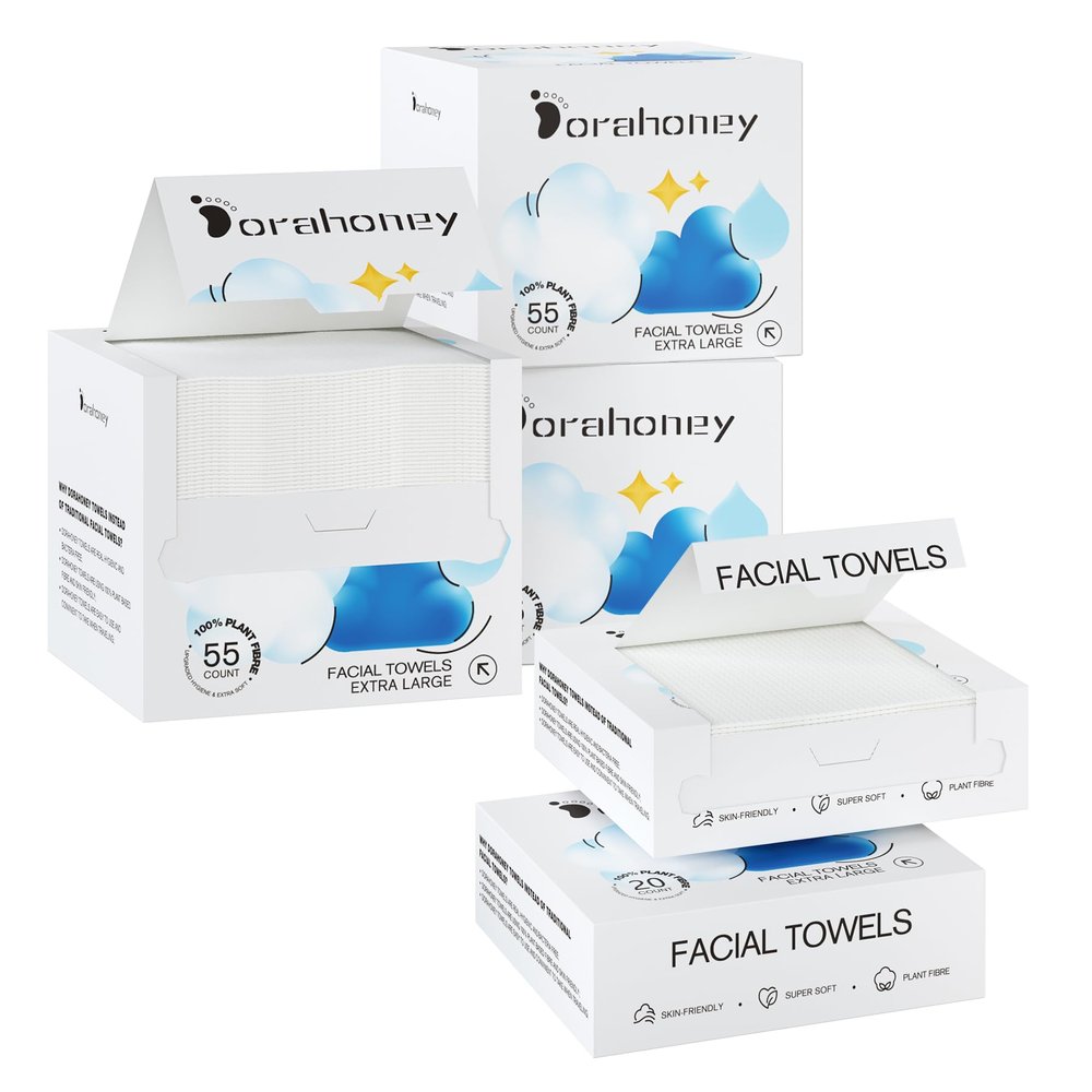 Disposable Face Towels 55 * 3 Count + Travel Face Towels 20 * 2 Count, 12"12" Makeup Remover Dry Wipes for Sensitive Skin