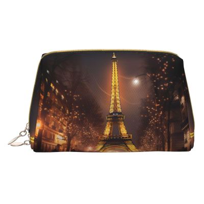 Longzehao Eiffel Tower Print Leather zipper makeup bag Cosmetic Pouch Travel Organizer Toiletry Clutch